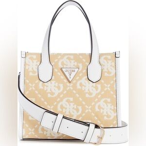 GUESS Beige Monogram Mini Tote Bag with Crossbody Strap new!